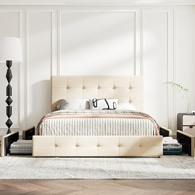 MUTICOR Full Size Bed Frame with 4 Storage Drawers, Upholstered Platform Bed with Button Tufted Adjustable Headboard, No Box Spring Needed, Easy Assembly, Square Tufted, Beige Fabric