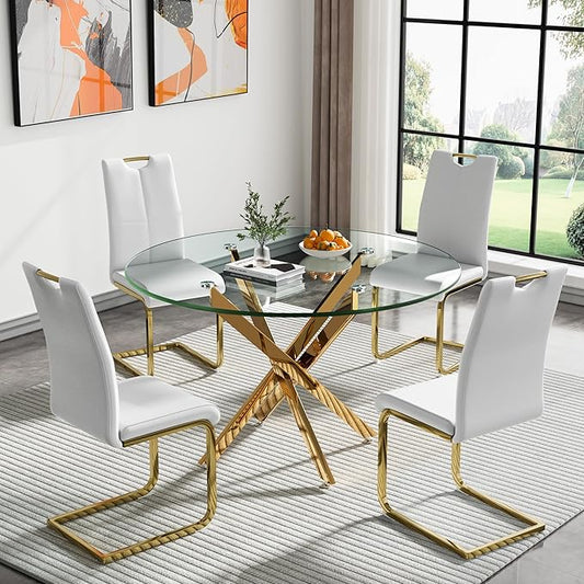 Goujxcy Round Dining Table Set for 4, Modern Glass Kitchen Table and Chairs Set of 4, 5 Piece Dining Room Table Set with 47" Circle Gold Metal Glass Dinner Table and 4 White Leather Dining Chairs