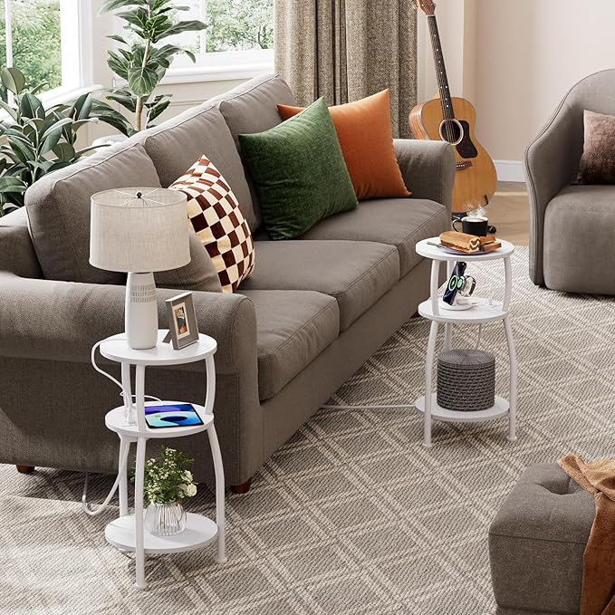 Round Side Table with Power Outlet & USB Ports, 3-Tier End Table with Storage Shelf, Modern Rustic Nightstand, Small Spaces Accent Table for Living Room Bedroom, Easy Assembly, White