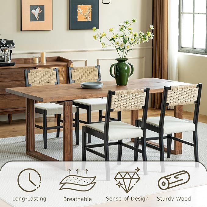 Chogori Wooden Dining Chairs, Modern Farmhouse Kitchen & Dining Room Accent Side Chairs with Woven Rope Back and Fabric Upholstered for Home, Living Room (Black, Set of 6)