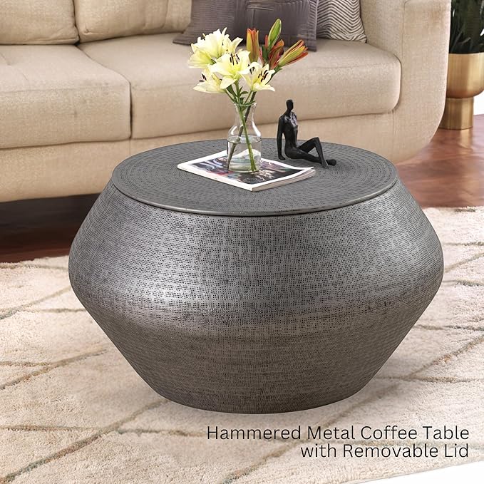 Albany Living Modern Cylindrical Aluminum Hammered Embossed Texturing, Metal Drum Coffee Table with Removable Lid for Storage,Fully Assembled, for The Living Room and Bedroom, Gray