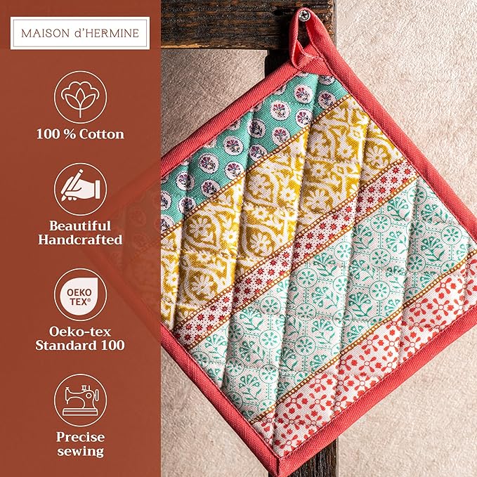 Maison d' Hermine Pot Holders Set 100% Cotton Heat Resistant Potholders 8" x 8" Hot Pads with Loop BBQ, Cooking, Baking, Grilling, Kitchen, Handling Hot Pans Spring/Summer (Pack of 2, Provence)