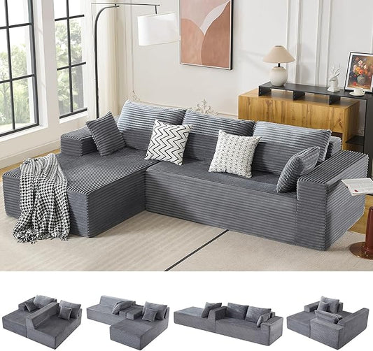 110" Boneless Sectional Couch with Chaise Lounge, Cloud Couch Compressed Sofa L Shape, No Assembly Memory Foam Sofa for Living Room, Grey Corduroy
