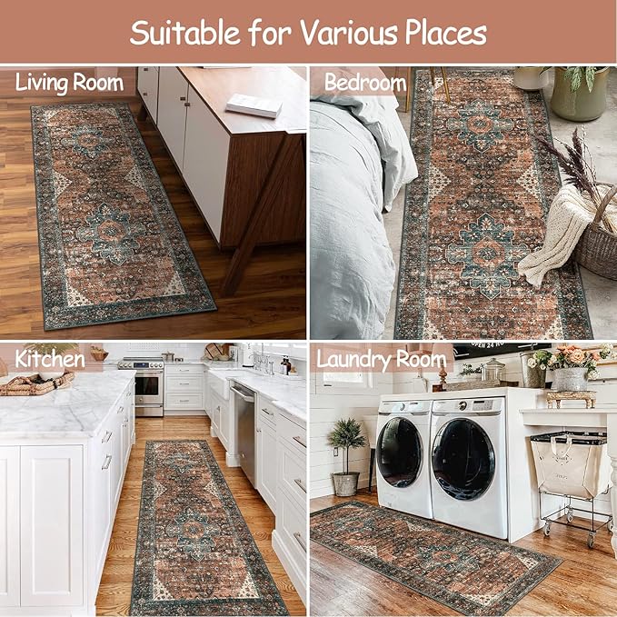 Moynesa Ultra-Thin Washable Runner Rug - 2x6 Non-Slip Non-Shedding Hallway Runner, Stain Resistant Kitchen Mat Laundry Entryway Carpet for Doorway Bedside, Brick Red/Dull Teal