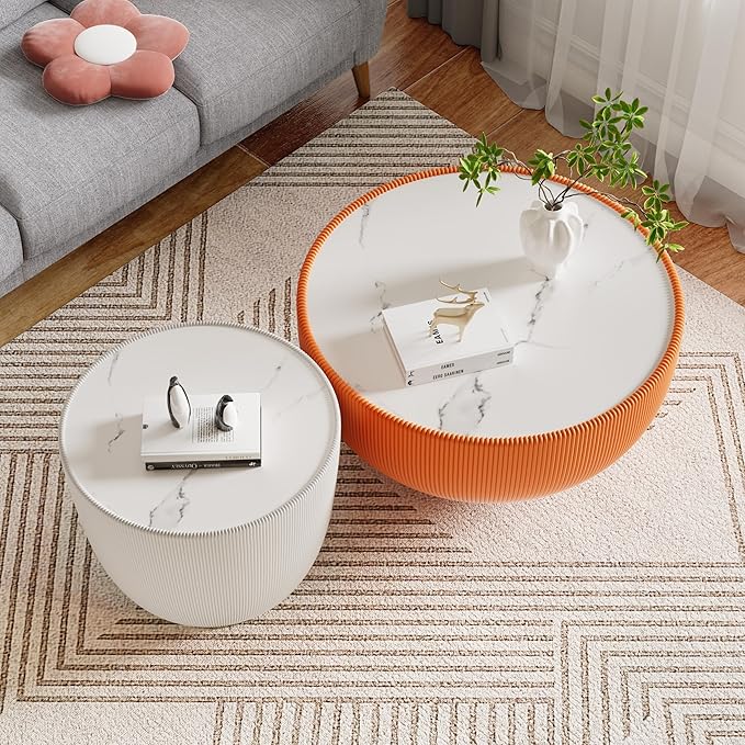 Round Coffee Table Set with Sintered Stone Tabletop, 29.53" Orange Drum Center Table and 19.69" White Coffee Table Set, 2 Pieces Living Room Table Set with Fluted PU Leather Cover& Metal Base