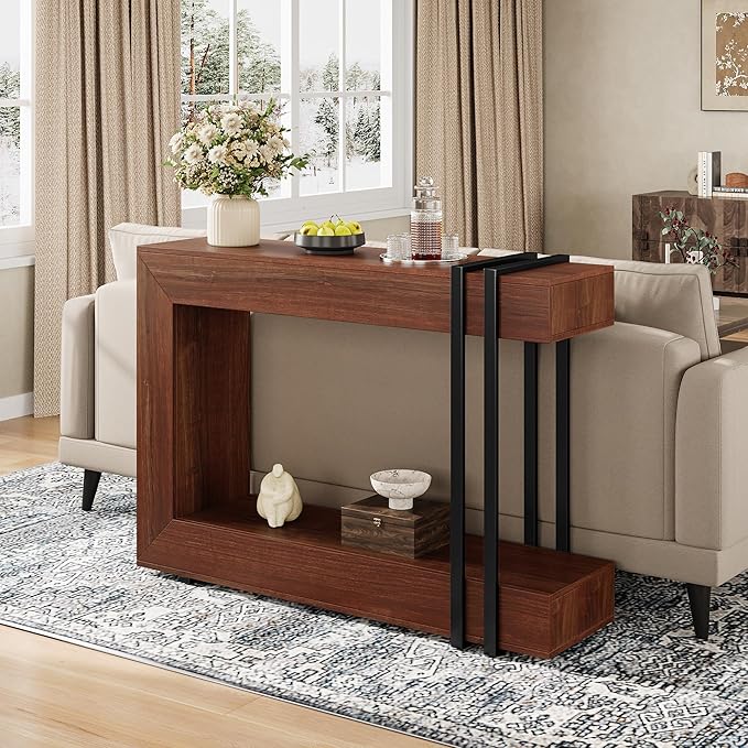 42.5" Console Table Behind Couch, 2-Tier Narrow Entryway Table with Storage, Wood Sofa Tables for Hallway/Entrance/Living Room/Foyer, Walnut Brown