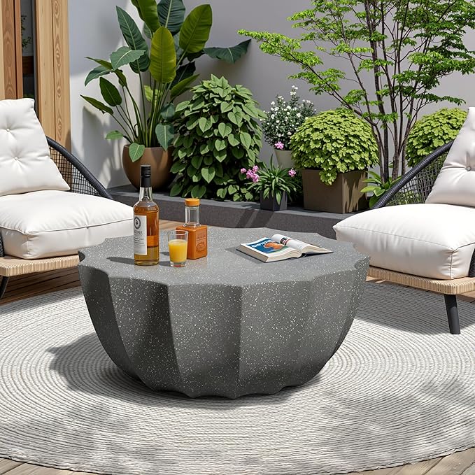 35" Outdoor Round Coffee Table Modern Stylish Design Waterproof & Moisture-Proof No Assembly Required Outdoor Coffee Table for Patio, Garden, Backyards - US Warehouse (Grey)