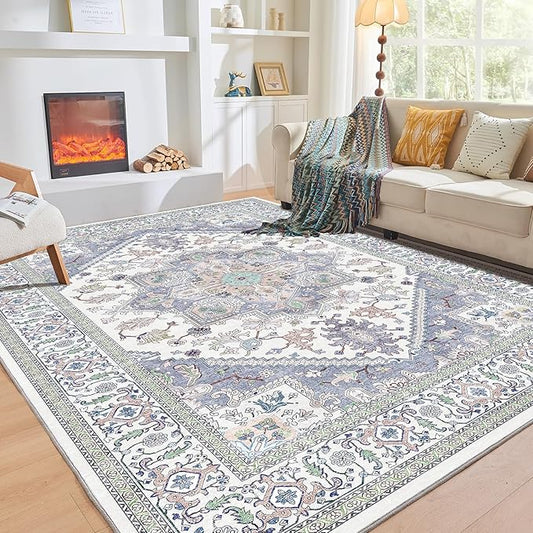 OPPODREAM Thin 8x10 Area Rugs, Washable Rugs 8x10 with Non Slip Backing, Faux Cashmere Low-Pile 8 x 10 Carpet, Purple & Green & Cream