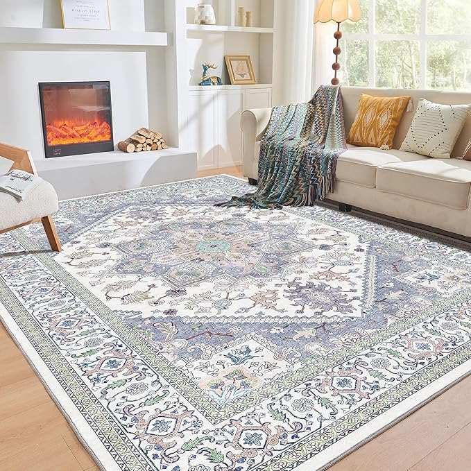 OPPODREAM Thin Area Rugs 3x5, Washable Rugs with Non Slip Backing, Low-Pile Throw 3x5 Carpet, Faux Cashmere 3 x 5 Carpet, Purple & Green & Cream