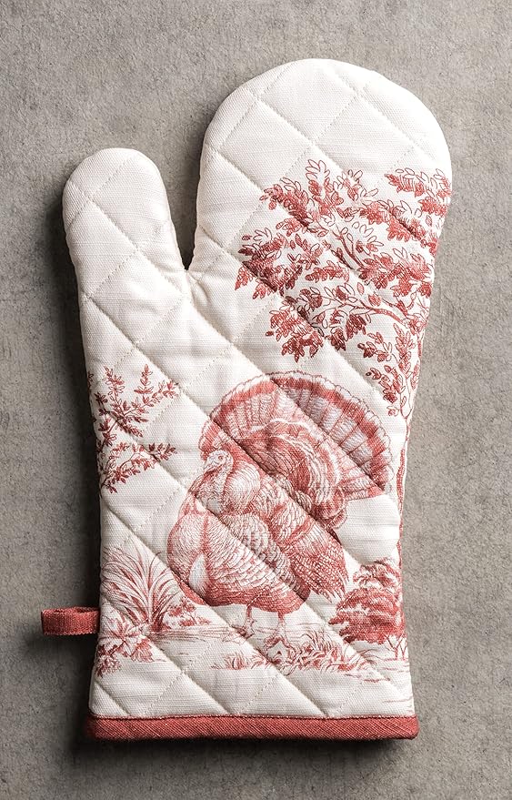 Maison d' Hermine Oven Gloves 100% Cotton Oven Mitt 7" x 13" with Loop Heat Resistant BBQ Cooking Gloves for Thanksgiving Christmas Decorations Baking Handling Hot Pans (Pack of 1, Holy Jouy - Red)