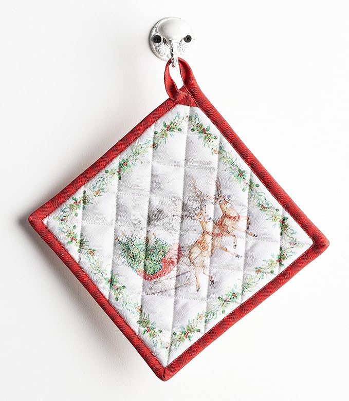 Maison d' Hermine Pot Holders 100% Cotton Heat Resistant Potholders 8" x 8" Hot Pads with Loop for Thanksgiving Christmas Decorations BBQ Cooking Handling Hot Pans (Pack of 1, Christmas Tradition)