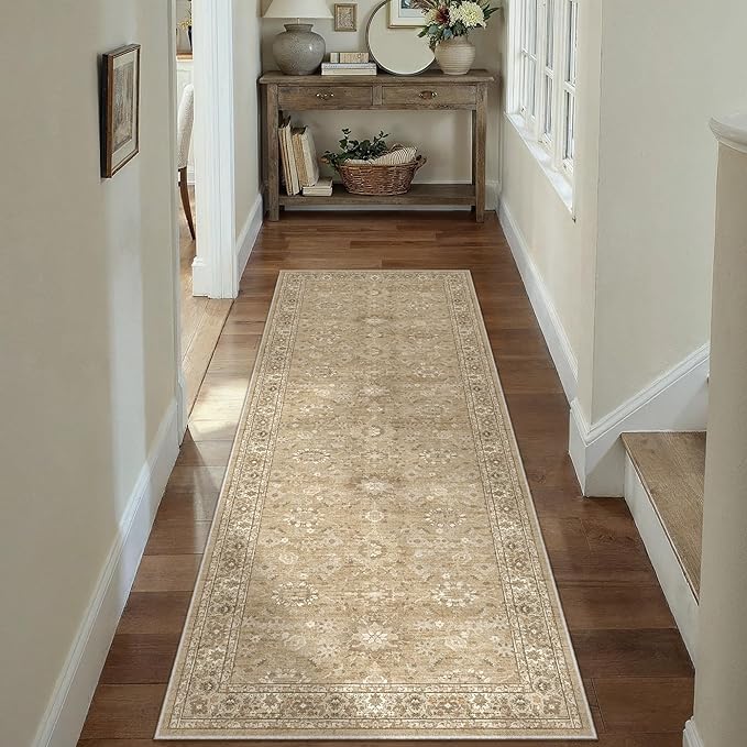 2x6 Brown Runner Rug Hallway Non Slip Kitchen Vintage Distressed Long Carpet Indoor Machine Washable Traditional Floral Bedroom Accent Throw Rug for Office Laundry Bathroom Dining Living Room