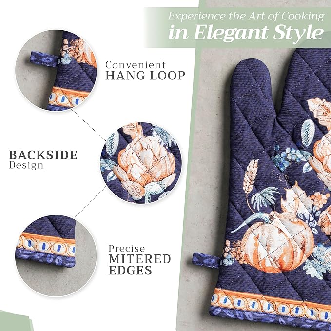 Maison d' Hermine Oven Gloves 100% Cotton Oven Mitt 7" x 13" with Loop Heat Resistant BBQ Cooking Gloves for Thanksgiving Christmas Decorations Baking Handling Hot Pans (Pack of 1, Pumpkin Blues)