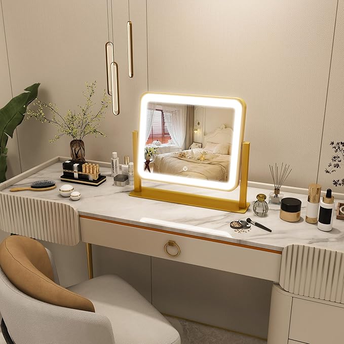 FENNIO Vanity Mirror with Lights 14x12 Inch - Makeup Mirror with Lights Tabletop, 3-Color Dimmable Lighted Mirror, Touch Control Desktop Mirror for Women (Gold)