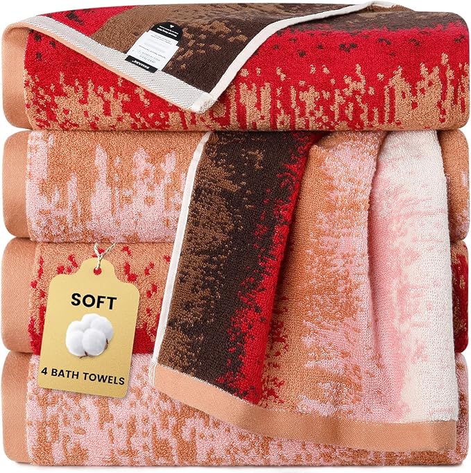 SEMAXE 4-Pack Luxury Bath Towels for Bathroom, 100% Cotton, Soft, Absorbent, and Quick-Drying, 55"x27", Plum Garden, Perfect for Hotels, Gyms, and Spas
