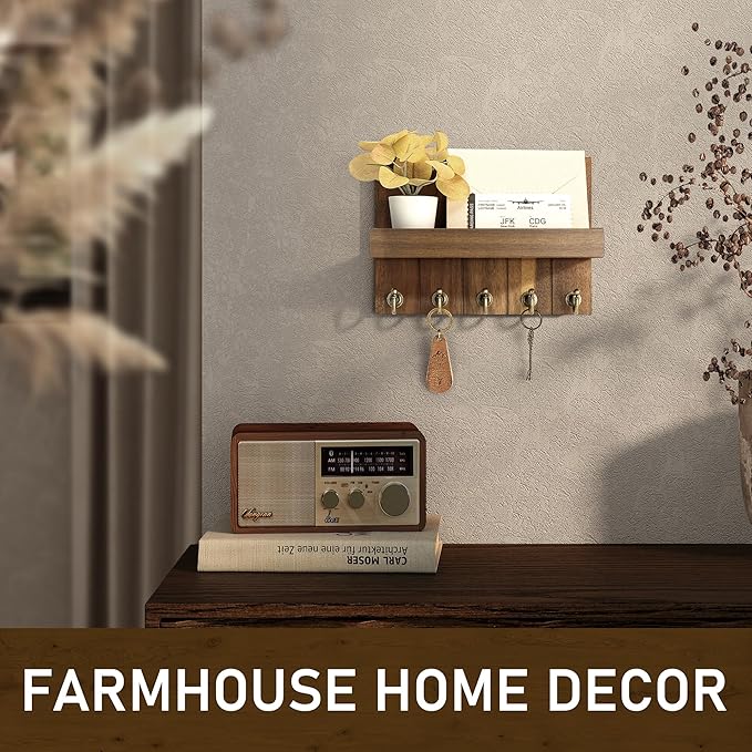 Rebee Vision Acacia Wood Key Holder Wall Mount – Farmhouse Key Holder for Wall & Mail Organizer with Shelf for Home Decor – Ideal for Apartment Essentials (Acacia Wood, 3.54" x 10" x 7.28")