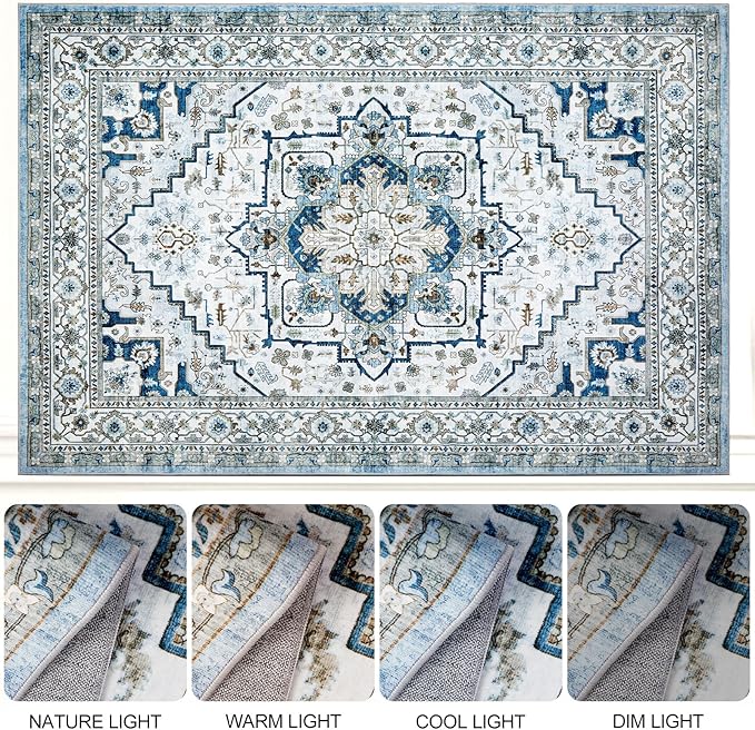 Area Rugs for Living Room 9x12 - Large Machine Washable Vintage Oriental Soft Rug, Low Pile Thin Carpet with Non Slip Backing for Bedroom, Dorm, Under Dining Room Table, Indoor House, Office Decor