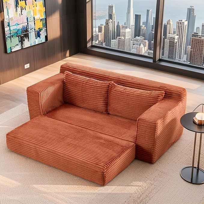 Fefances Loveseat Sofa Bed Boneless Couch, Convertible 2-in-1 Design, Corduroy Fabric - Compact Memory Foam Couch for Small Spaces, Apartments, Home Office & Bedroom（Orange）