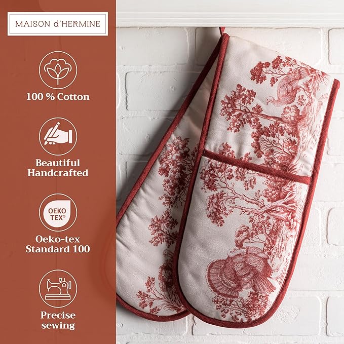 Maison d' Hermine Double Oven Mitt (7" x 35") 100% Cotton Heat Resistant BBQ Cooking Gloves with Loop for Thanksgiving Christmas Decorations Baking Cooking Barbeque Handling Hot Pan (Holy Jouy - Red)