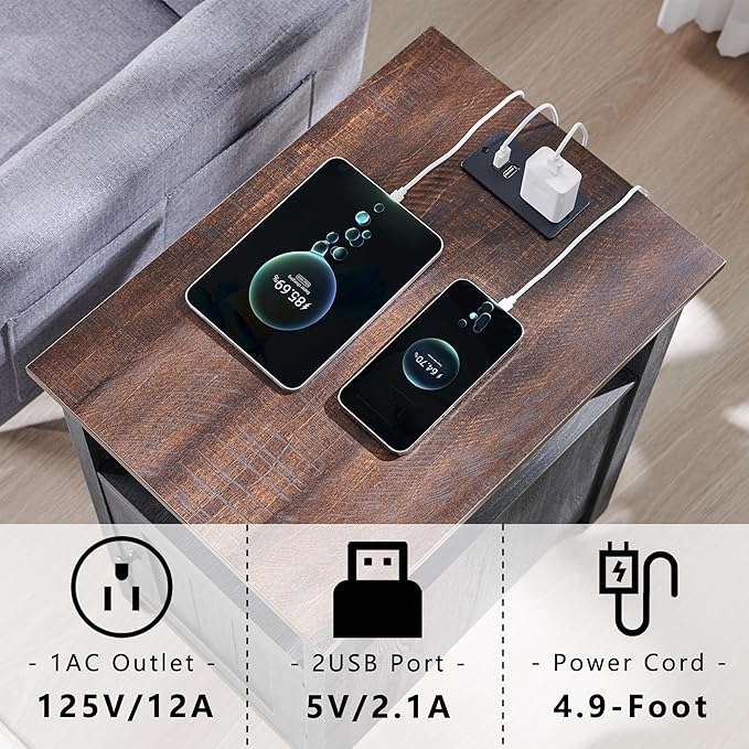 Farmhouse Nightstand Set of 2, End Table with Charging Station, Rustic Side Table w/Barn Door & Open Shelves, Bedside Table w/Storage Space and Storage Cabinet for Bedroom, Living Room Dark Grey