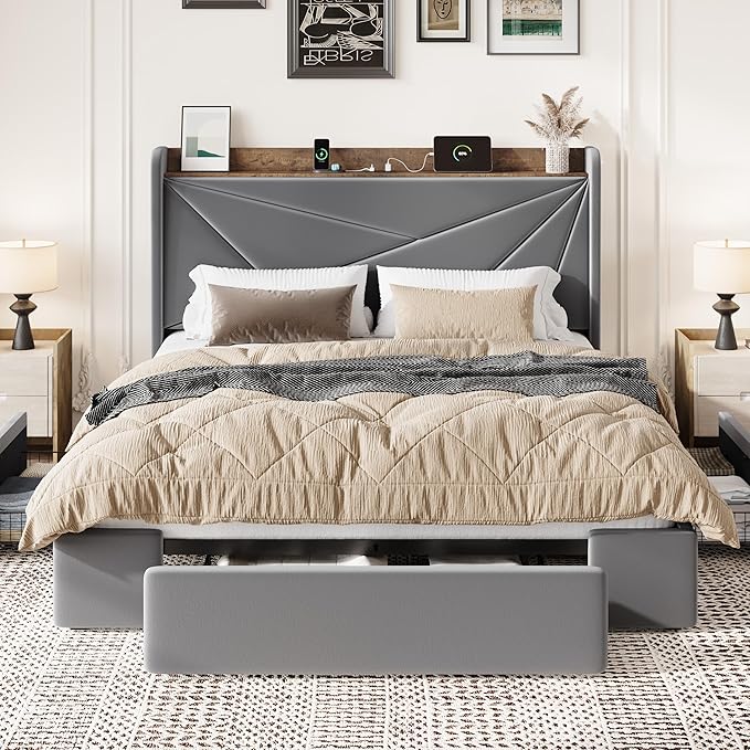 SHA CERLIN Queen Bed Frame with 3 Drawers, USB & Type-C Charging Ports, Velvet Upholstered Platform Bed with Modern Geometric Wingback Storage Headboard, No Box Spring Needed, Easy Assembly, Grey