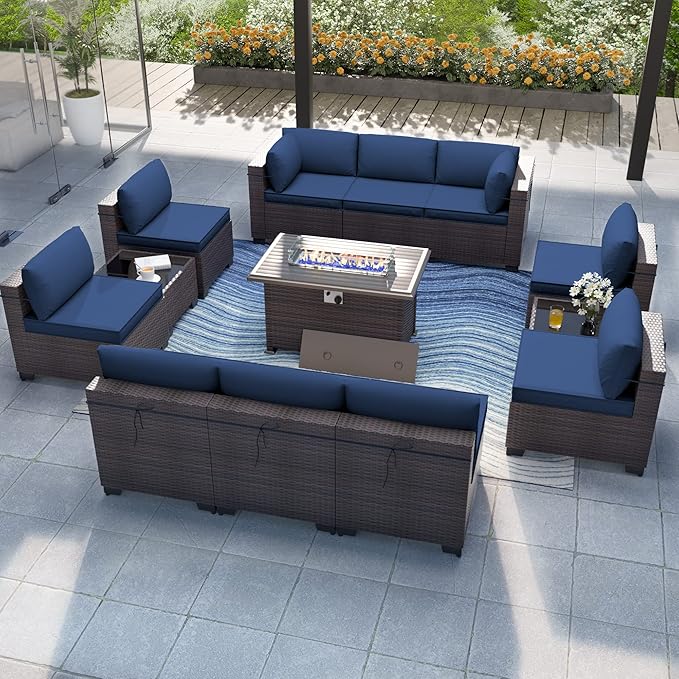 Kurapika 13 Pieces Patio Furniture Set, Rattan Wicker Outdoor Conversation Sets w/43in Propane Fire Pit Table and 4 Inch Cushion(Navy Blue)