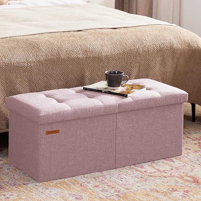 HAUSFRAU 31.5 Inches Ottoman with Storage Bench, Folding Ottoman Bench Small Foot Rest Stool, Bedroom Bench with Flipping Lid, Linen Nude