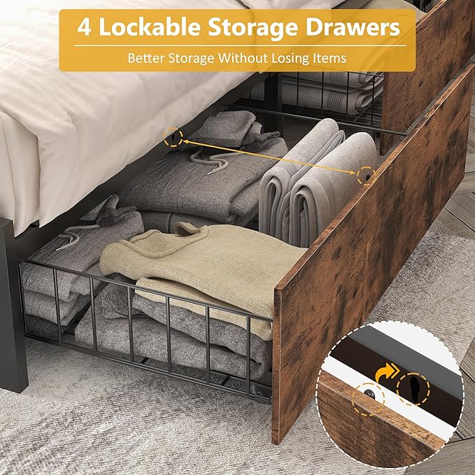 Lifezone Full Bed Frame with 2-Tier Storage Headboard, Metal Platform Bed Frame with 4 Storage Drawers, Built in Charging Station & LED, Noise-Free/Metal Support/No Box Spring Needed, Vintage Brown