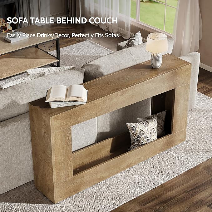 63-Inch Long Console Table, Wood Entryway Table with Storage Shelf, Farmhouse Narrow Sofa Table Behind The Couch for Living Room, Entryway, Hallway (Natural)