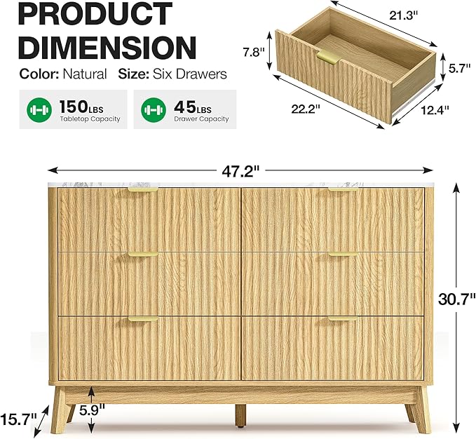 47" Wide Storage Cabinet, Fluted Chest of Drawers with Curved Edges, Wooden Buffet Cabinet with 6 Drawers, Modern Credenza with Faux Marble Top for Living Room, Hallway, Natural