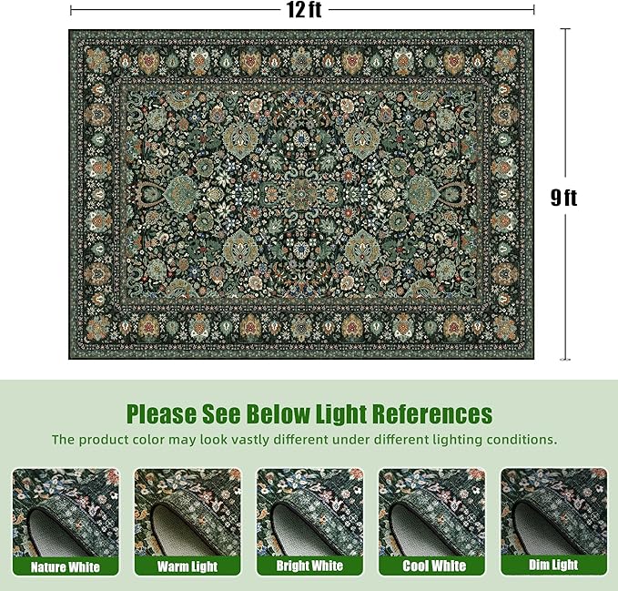 9x12 Rugs for Bedroom, Vintage Washable Rugs Non Slip Large Area Rug for Living Room Dining Room Office, Floor Decoration Big Rug Carpet Low-Pile Kid & Pet Friendly(Dark Green