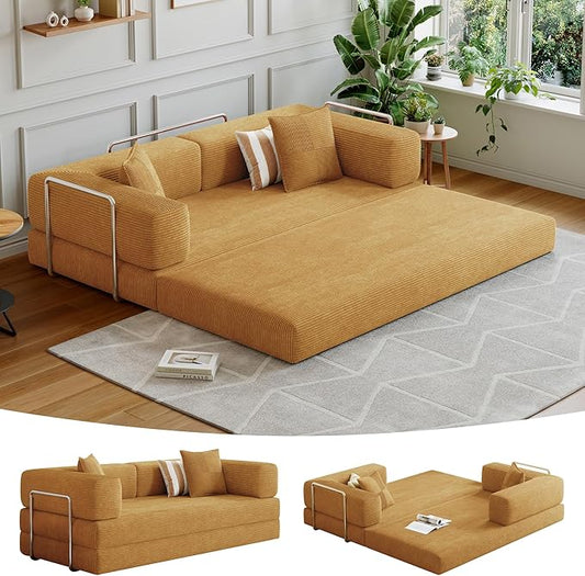 Compressed Sleeper sofa bed,Convertible Floor Boneless Couch-With Comfy Pillow,Modular Modern Corduroy Sofa for living room Bedroom Lounge Studio-With Fixed-shape Frame and support Armrest(Yellow)