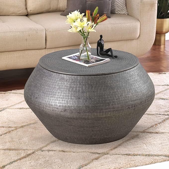 Albany Living Modern Cylindrical Aluminum Hammered Embossed Texturing, Metal Drum Coffee Table with Removable Lid for Storage,Fully Assembled, for The Living Room and Bedroom, Gray