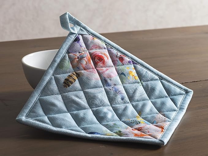 Maison d' Hermine 100% Cotton Oven Mitt & Pot Holder Set (7.5"x13" & 8"x8") Heat Resistant BBQ Cooking Gloves with Loop, Baking, Grilling, Kitchen, Handling Hot Pans Spring/Summer (Ibiza)