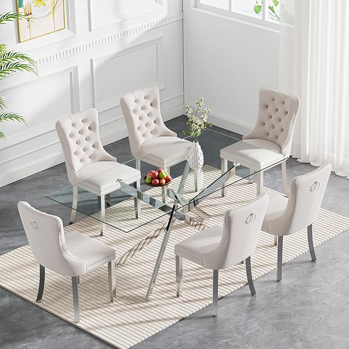 60" Rectangular Glass Dining Room Table for 6 with Tempered Glass Top and Silver Metal Legs, Modern Clear Kitchen and Dinner Table for Home Office Dining Room