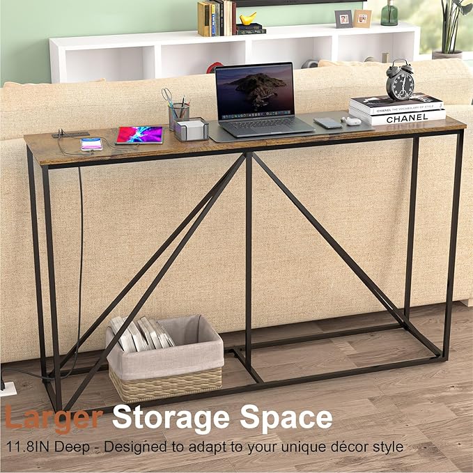 Console Table, 51" W × 12" D × 31.5" H Sofa Table Behind Couch, Entryway Table with Electrical Outlet & USB Ports, Industrial Pyramid Metal Base Console Table for Entryway, Rustic Brown