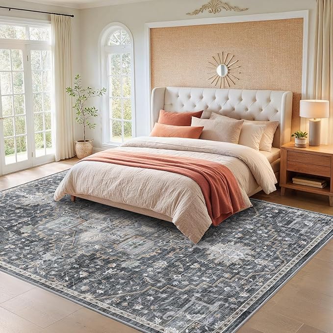 AMADA HOMEFURNISHING 8x10 Washable Area Rug, Low-Profile Large Area Rug with Non-Slip Backing & Durable Edge Binding, Vintage Large Rugs for Living Room, Bedroom, Dinning Room