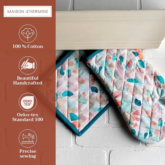 Maison d' Hermine 100% Cotton Oven Mitt & Pot Holder Set (7.5"x13" & 8"x8") Heat Resistant BBQ Cooking Gloves with Loop, Baking, Grilling, Kitchen, Handling Hot Pans Spring/Summer (Summer Picnic)