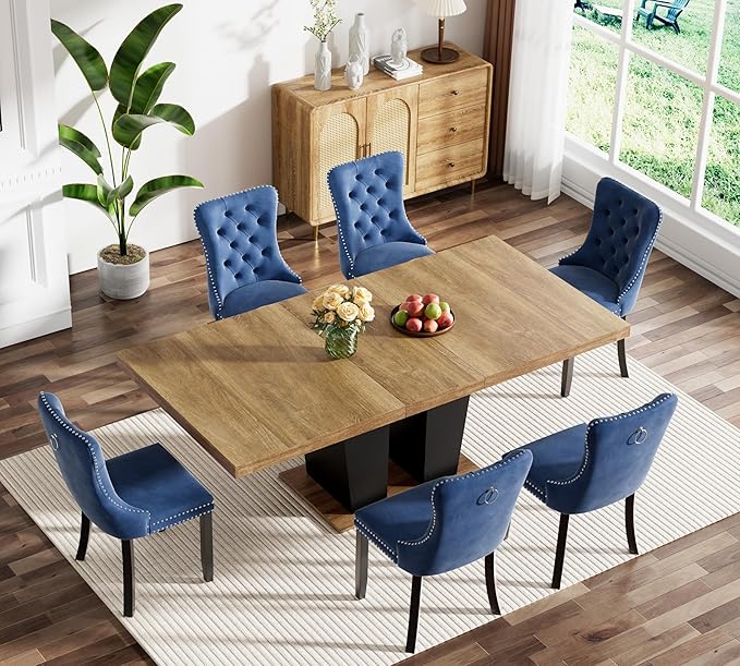 Goujxcy 7-Piece Extendable Dining Table Set for 6-8 People 63-78 Inch Kitchen Table Set with 6 Velvet Upholstered Chairs Farmhouse Rectangular Dining Room Table Set for Kitchen Dining Room Apartment
