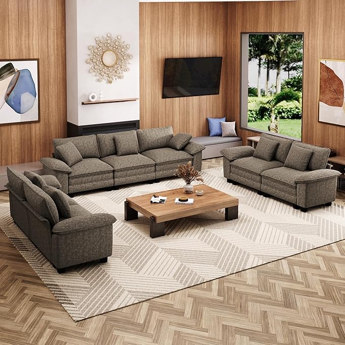 U-Shaped Cloud Modular Sofa Set, Deep Seat 3-Piece 7-Seater Sectional Couch & Removable Arms, Plush Chenille for Living Room - Smoky Gray