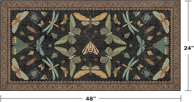 Small Black Entryway Runner Rug - 2x4 Front Door Rug Indoor Entrance, Small Waterproof Carpet for Kitchen Floor, Bathroom, Powder Room, Washable Low Pile Non Slip, Insect Print Multi Color Home Décor