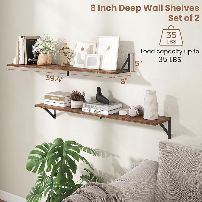 Axeman 40 Inch Floating Shelves | 8 Inch Deep Walnut Wall Shelves Set of 2 | 39.4W x 8D Rustic Wood Shelves for Bookshelf Living Room Bedroom Home Office Bathroom