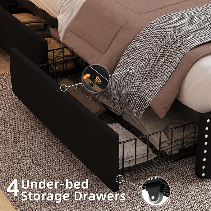 BRELTAM King Size Bed Frame with 4 Storage Drawers Upholstered Velvet Bed Frame with LED and Charging Station,Platform Bed Frame with Headboard Heavy Duty Wood Slats,Noise Free,Easy Assembly,Black