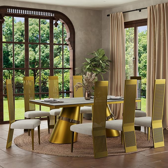 Brushed Gold Dining Chair Set of 8, High Back Kitchen Chairs,Modern Luxury Dining Chairs with Upholstered Padded Seat and Sturdy Metal Legs for Dining Room Kitchen Bedroom