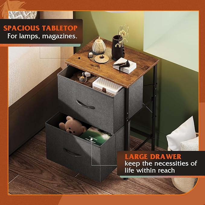 WLIVE Nightstand, Nightstand with 2 Drawers, Bedside Furniture, Night Stand, Small Dresser for Bedroom, College Dorm, End Table with Fabric Bins, Dormitory, Black and Rustic Brown, Size L