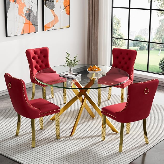 Goujxcy 5 Piece Round Glass Dining Table Set for 4, 47" Round Dining Table & Chair Set Modern Circle Glass Kitchen Table and 4 Velvet Upholstered Chairs for Kitchen Dining (Gold & Burgundy)
