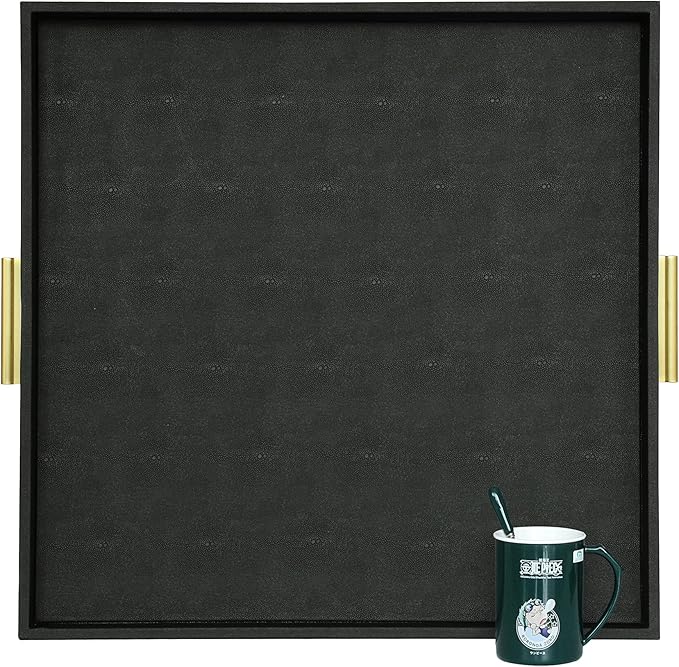 HofferRuffer Extra Large Square Serving Tray, Elegant Faux Leather Ottoman Tray with Gold Hardware Handles, Serve Tea, Coffee or Breakfast in Bed, 24 x 24 inches (Black Shagreen)