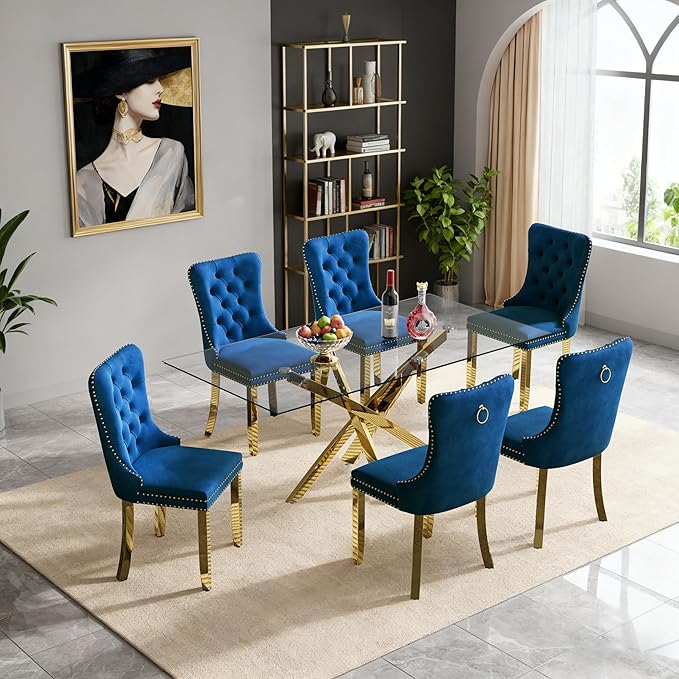 Goujxcy 51" Glass Dining Table Set for 6, Modern Kitchen Table and Chairs Set w/Steel Legs, 7-Piece Dining Table Set w/Glass Gold Dining Table and 6 Blue Velvet Chairs for Kitchen Dining Room