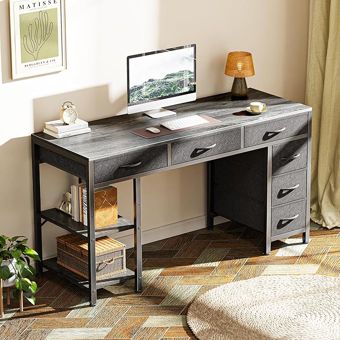 Huuger Computer Desk with 6 Drawers, 47 Inch Office Desk with Shelves, Reversible Gaming Desk, Corner Desk with Storage, for Home Office Study, Living Room, Gray