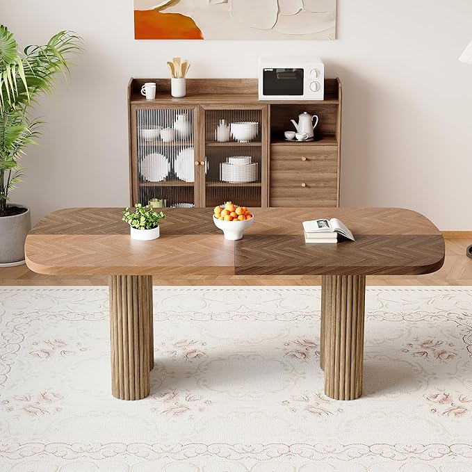 79" Large Wood Dining Table for 6–10, Rectangular Dining Room Table with Sculpted Wave Legs, 1.7" Thick Two-Color Wood-Grain Top, Modern Farmhouse Dining Table for Kitchen, Living Room